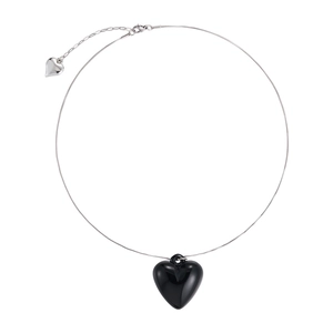 Sleek silver snake chain necklace with a large polished black heart pendant for women