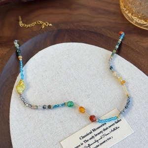 Ethnic style colorful stone and glass beaded necklace with golden chain for women