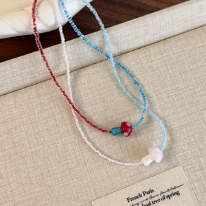 Colorful mushroom beaded necklace set with red and blue glass charms for women