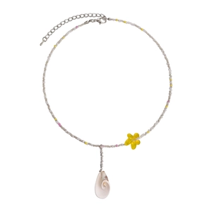 Handmade colorful beaded necklace with yellow flower charm and natural conch shell pendant