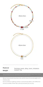 Detailed view of layered colorful beaded necklaces with size specifications and metal chain