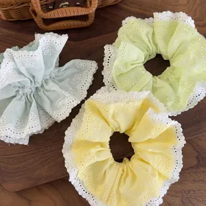 Korean Style Sweet Lace Flower Embroidery Large Scrunchie Fresh Mint Green Yellow Hair Tie Ponytail Holder Women Hair Accessories