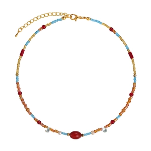 Ethnic bohemian layered beaded necklace with colorful crystal beads and red agate pendant