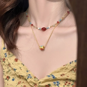 Ethnic Style Multicolor Beaded Necklace For Women Summer Double Layered Retro Stainless Steel Artificial Crystal Pendant Choker