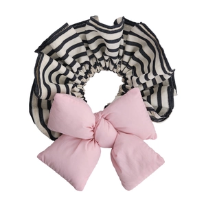 Cute pink bow scrunchie with black and white striped cotton fabric for girls