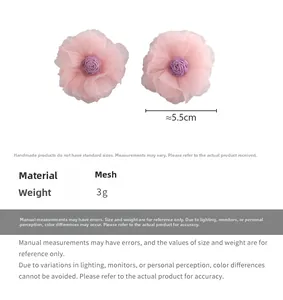 Detailed size chart for pink organza flower earrings showing 5.5cm diameter and 3g weight