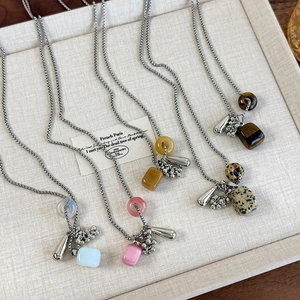 Adjustable natural stone grape cluster pendant necklace with teardrop charms in five colors