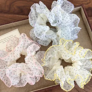 Chouchous en Organza Fleuri Vintage Français pour Femmes Imprimé Botanique Grand Élastique à Cheveux Doux Bord Ondulé