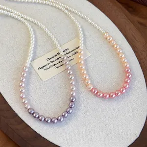 Elegant Gradient Artificial Pearl Necklace For Women Vintage Style Round Beads Choker Clavicle Chain Alloy Adjustable Clasp Jewelry