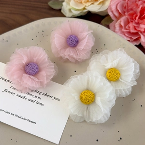 Exquisite organza flower earrings in pink and white with woven core for summer resort style