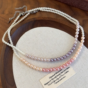 Gradient pink and purple pearl choker necklace with gold adjustable extension chain