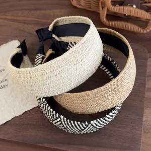 Women Vintage Straw Woven Wide Headband Bohemian Style High Top Hair Band For Summer Beach Vacation Daily Accessory
