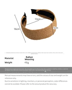 Detailed dimensions of straw wide headband with measurements of 16x13x5cm and 48g weight