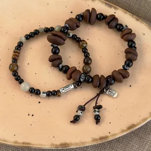 Vintage New Chinese Style Coffee Bean Tiger Eye Beaded Bracelet Unisex Handmade Artificial Crystal Fu Pendant Lucky Bracelet