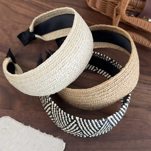 Three vintage straw woven wide headbands in beige, khaki and geometric patterns