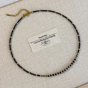 Collana Girocollo con Perline di Cristallo Nero Vintage Francese per Donna Elegante Collana con Ciondolo in Lega Dorata e Strass