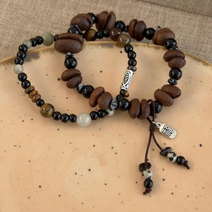 Tiger eye and coffee bean beaded bracelet with silver fish charm and Fu pendant