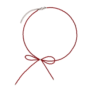 Elegante collana girocollo di perline rosse con design a fiocco e chiusura a moschettone