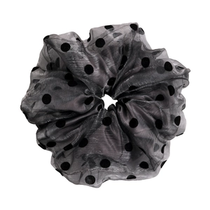 Elegant grey organza scrunchie with black polka dots for hair styling accessories