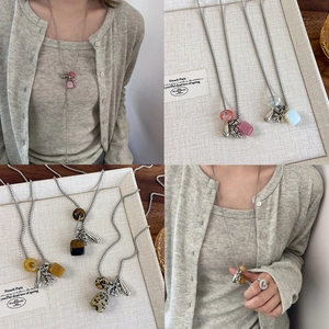 Retro Stainless Steel Natural Stone Long Sweater Necklace For Women Water Drop Pendant French Style Bohemian Jewelry