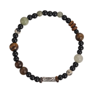 Detail of beaded bracelet with tiger eye stones and a silver fish charm bead