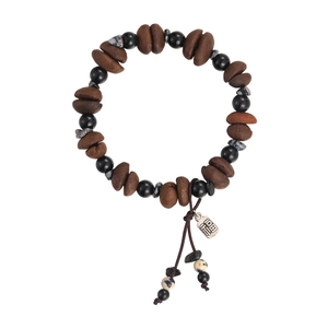 Tiger eye stone bead bracelet with coffee bean shapes and a silver Fu character charm