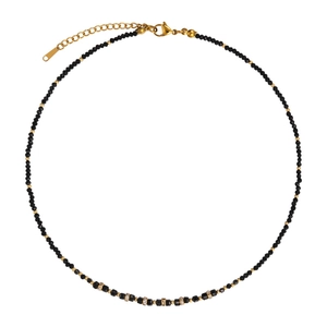 Collana vintage francese con perle di onice nero, zirconi e distanziatori placcati oro