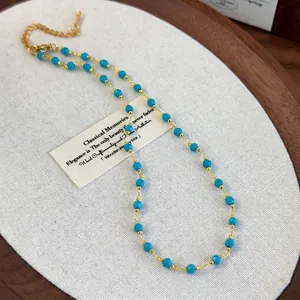 Bohemian Blue Turquoise Beaded Necklace For Women Gold Plated Alloy Chain High End Clavicle Necklace Fashion Jewelry Gift