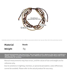 Detail view of multi-layer beaded bracelet with brown adjustable cords and earth-toned beads