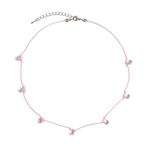 Pink cord necklace with seven translucent teardrop pendants and adjustable silver chain