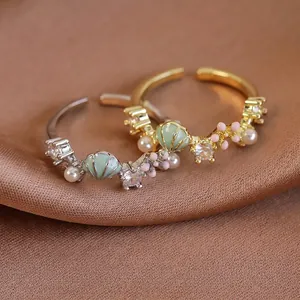 Süße Emaille Kupfer Muschel Blume Offener Verstellbarer Ring Mit Künstlicher Künstliche Perle Und Zirkonia Mode Ozean Thema Schmuck Damen