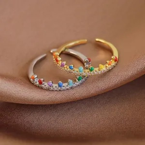 Bague Ouverte Réglable Émail Arc-en-Ciel Romantique Français Cuivre Zircone Incrusté Bohème Bagues Minimalistes pour Femmes