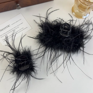 Détail de pinces à cheveux en plumes noires élégantes avec plumes d'autruche douces et polies