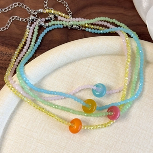 Colorful acrylic crystal beaded necklace set with donut pendants and silver lobster clasp