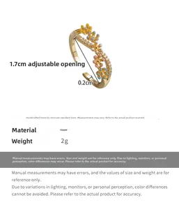 Detailed size specifications for adjustable gold floral ring with colorful enamel and crystals