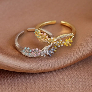 French style colorful flower open rings with leaves and micro-set zircons on silk