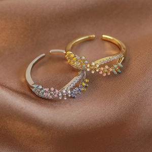 French floral open ring with zircon micro-paving and colorful enamel dots on gold metal