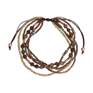 Bohemian multi-layer beaded bracelet with earth-tone stones and adjustable woven cord