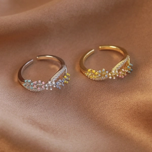 French floral open rings with colorful enamel and cubic zirconia in gold and silver