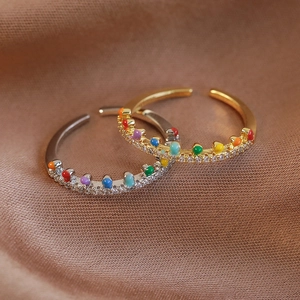 Bagues ouvertes macaron émail arc-en-ciel de style français avec zircons en or et argent