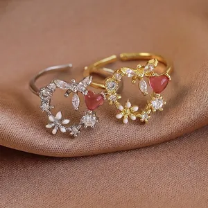 Sweet Heart Garland Adjustable Ring Copper Enamel Flower Zircon Butterfly Open Ring Jewelry For Women Romantic Gift Daily Wear