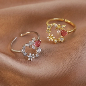 Adjustable dragonfly and white flower wreath open ring with a red heart gemstone