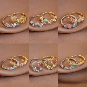 Fashion Copper Zirconia Adjustable Opening Ring With Artificial Pearl Enamel Heart Flower Butterfly Elements Gold Silver Jewelry For Women