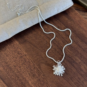 Detailed shot of silver firework pendant on adjustable titanium steel chain with lobster clasp