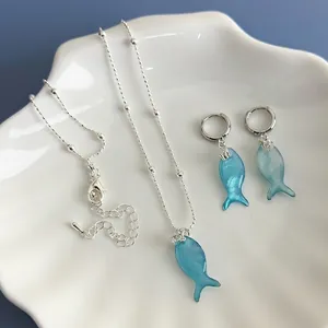 Vacation Style Blue Gradient Fish Pendant Necklace Hoop Earrings Alloy Resin Sweet Ocean Beach Jewelry For Women