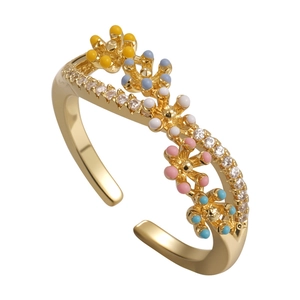 French style open gold ring with colorful enamel flowers and white zircon stones