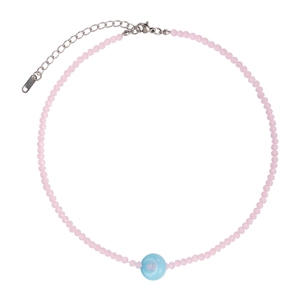 Colorful acrylic beaded necklace with pink frosted beads and a blue donut pendant