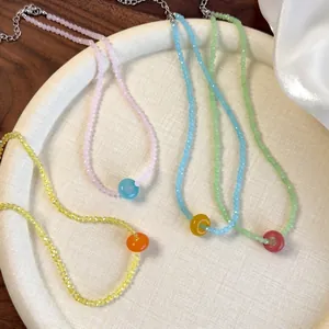 Fresh Synthetic Crystal Beaded Necklace Donut Resin Pendant Stainless Steel Chain Adjustable Choker Summer Jewelry For Women