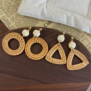 Handmade woven rattan earrings set with round and triangle bohemian straw pendants