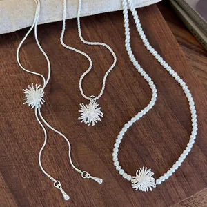 Silver Fireworks Pendant Necklace Copper Stainless Steel Faux Artificial Pearl Adjustable Chain Lariat For Women Elegant Fashion Jewelry